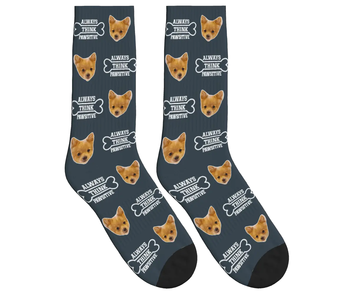 Always Think Pawsitive Socks with Dog Faces - Charcoal Gray / Crew Socks