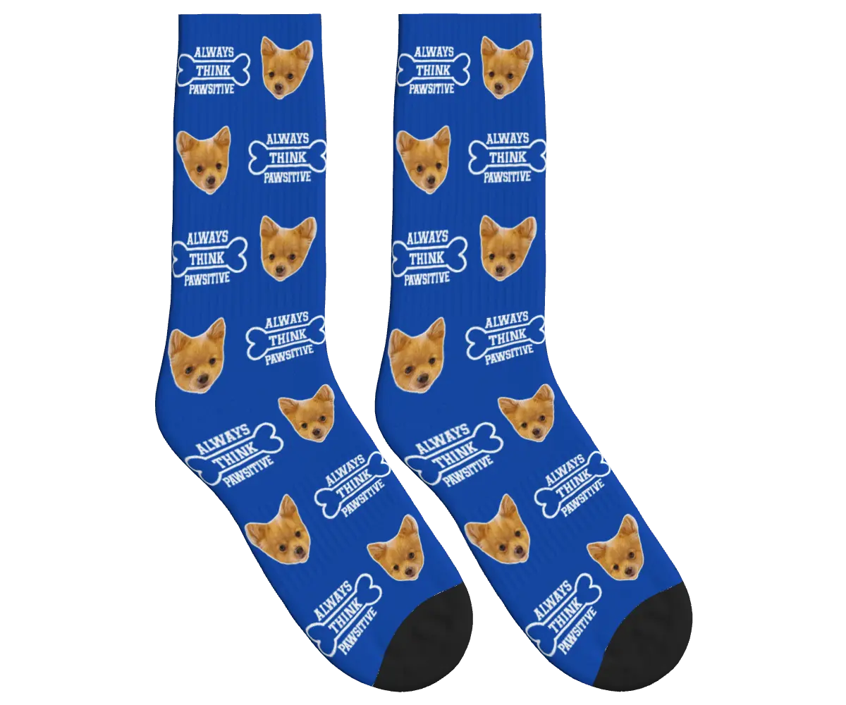 Always Think Pawsitive Socks with Dog Faces - Cobalt Blue / Crew Socks