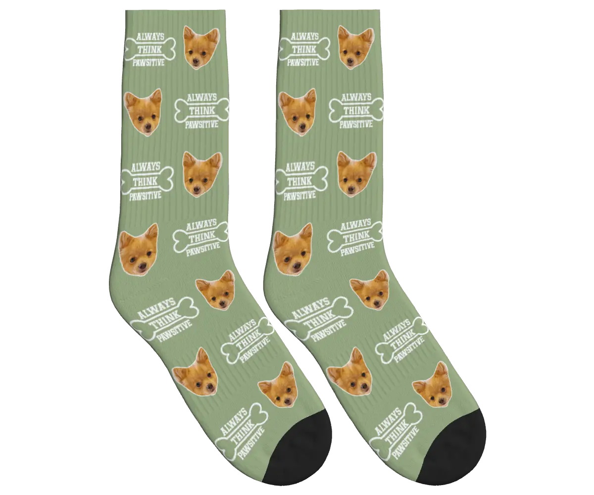 Always Think Pawsitive Socks with Dog Faces - Sage Green / Crew Socks