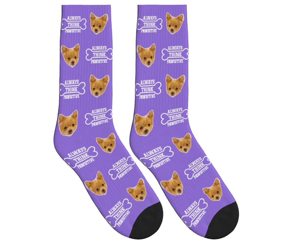 Always Think Pawsitive Socks with Dog Faces - Purple / Crew Socks