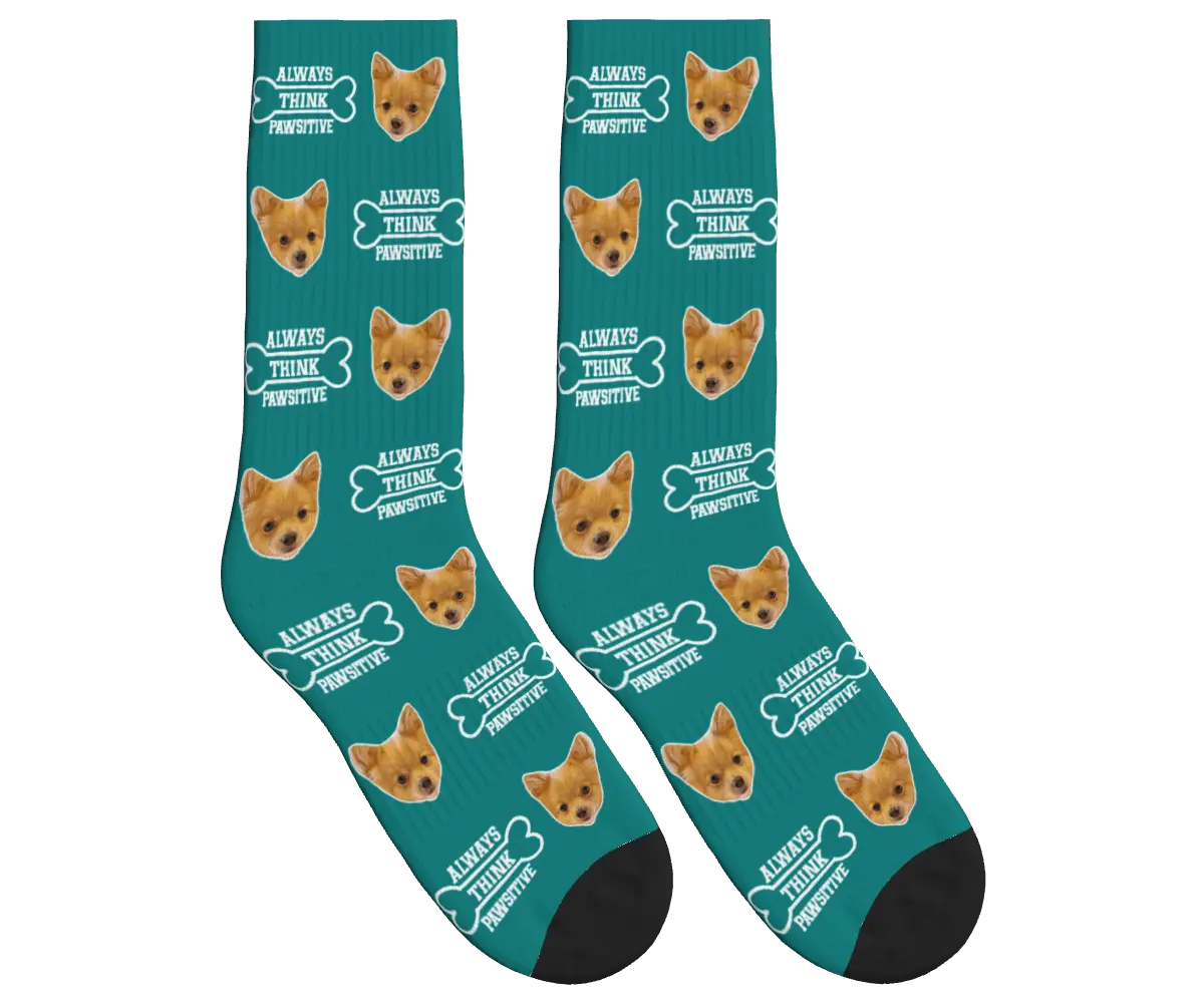 Always Think Pawsitive Socks with Dog Faces - Teal / Crew Socks