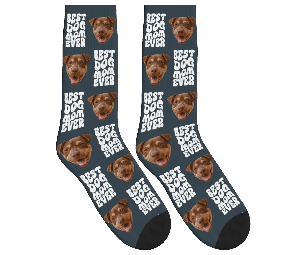Best Dog Mom Ever Socks with Dog Faces - Charcoal Gray / Crew Socks