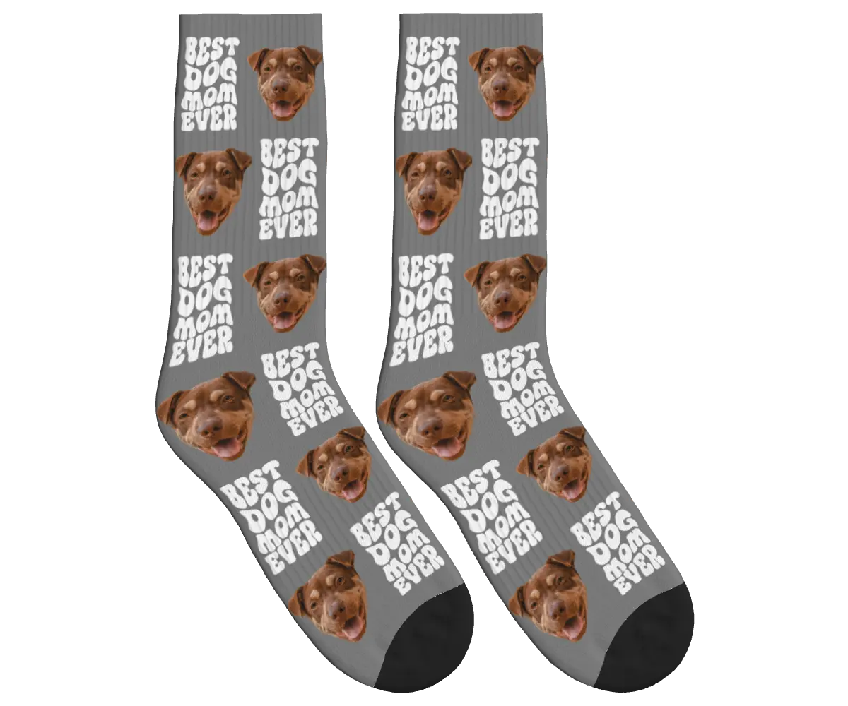 Best Dog Mom Ever Socks with Dog Faces - Gray / Crew Socks