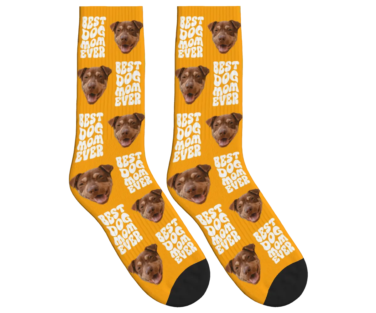 Best Dog Mom Ever Socks with Dog Faces - Orange / Crew Socks
