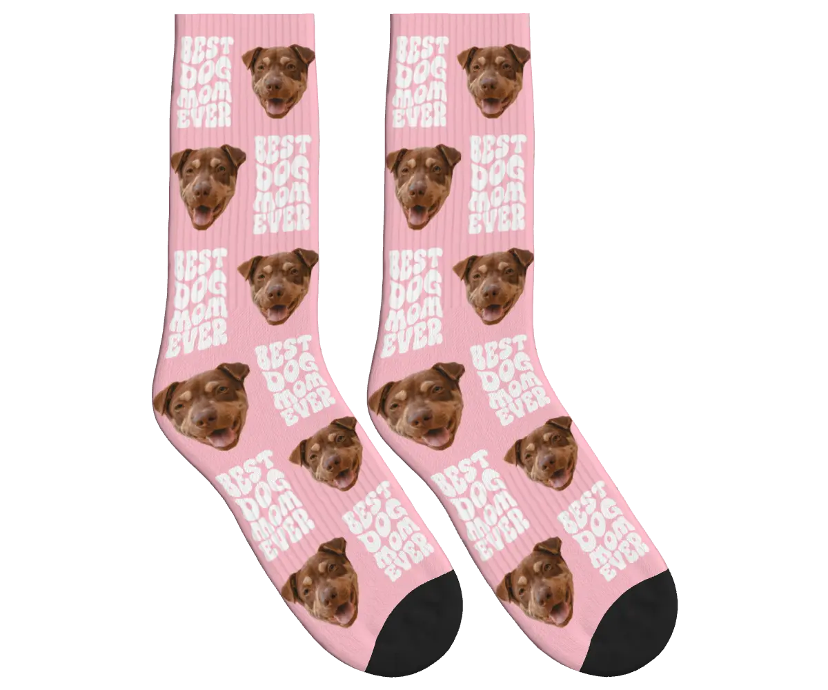Best Dog Mom Ever Socks with Dog Faces - Pink / Crew Socks