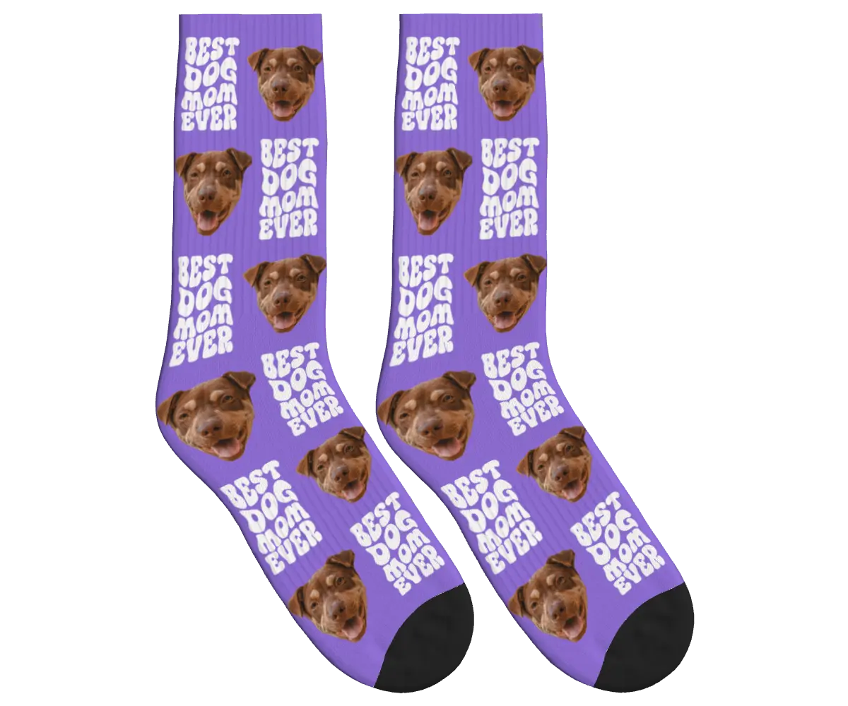 Best Dog Mom Ever Socks with Dog Faces - Purple / Crew Socks