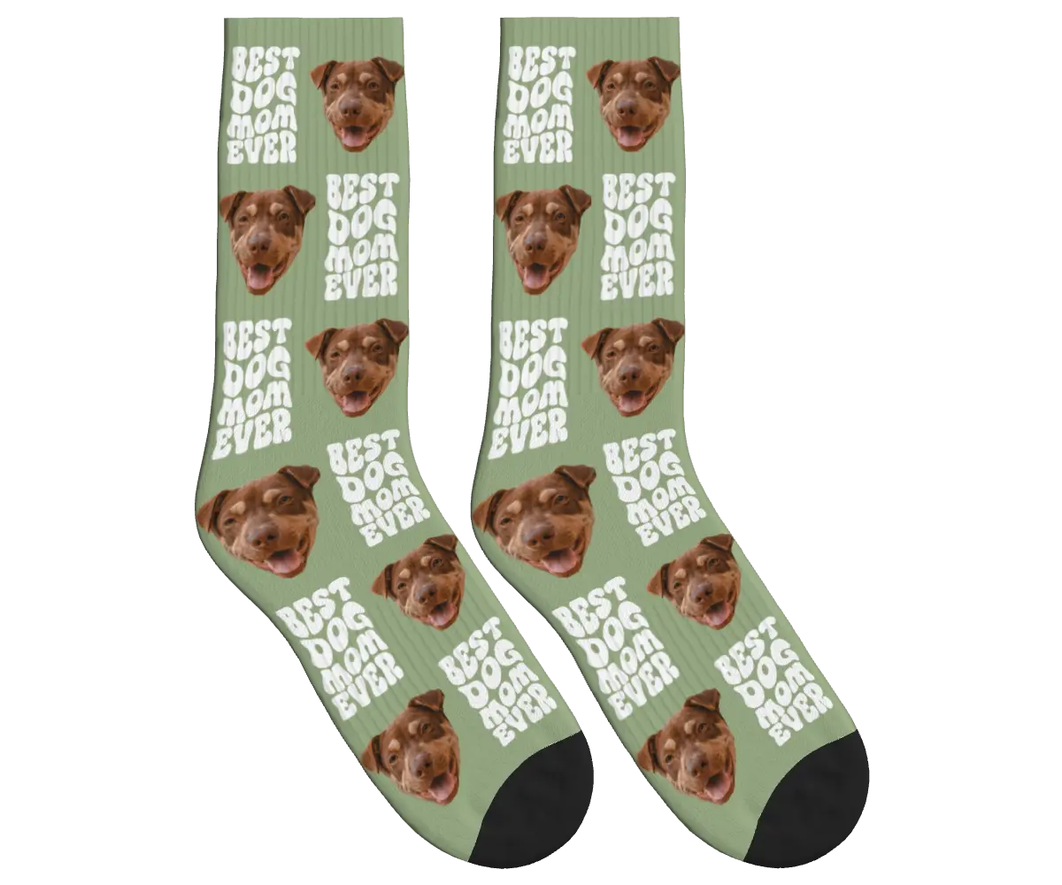 Best Dog Mom Ever Socks with Dog Faces - Sage Green / Crew Socks