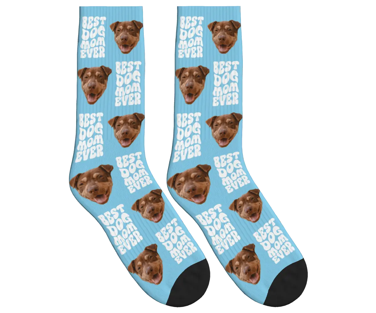 Best Dog Mom Ever Socks with Dog Faces - Sky Blue / Crew Socks