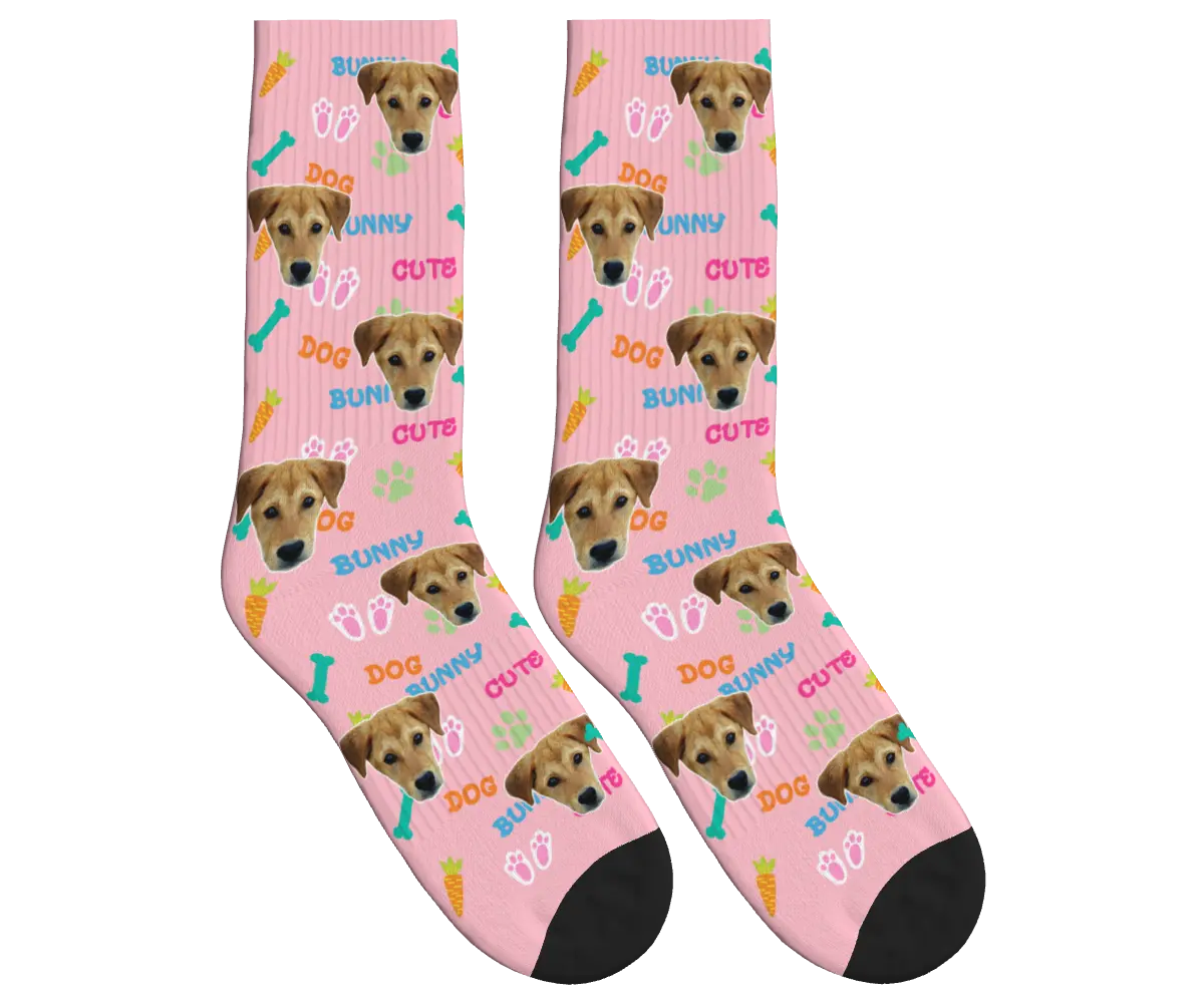 Bunny & Dog Face Easter Socks - Pink / Crew Socks