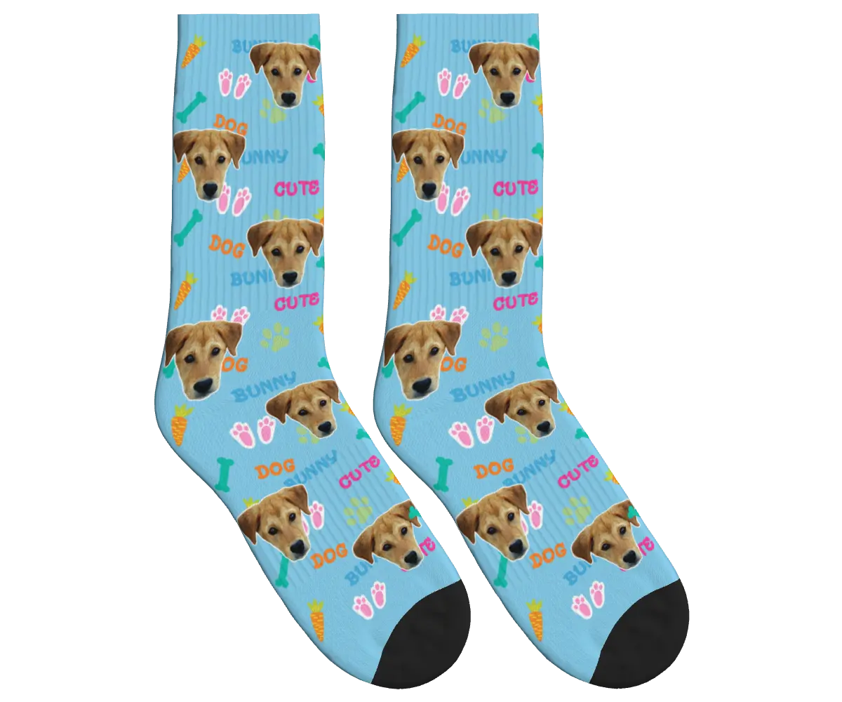 Bunny & Dog Face Easter Socks - Sky Blue / Crew Socks