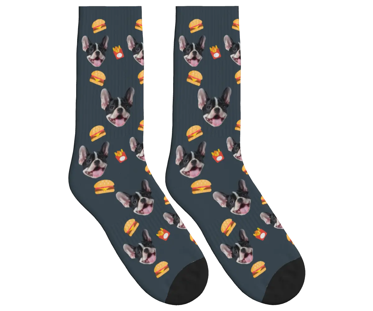 Burger, Fries & Dog Face Socks - Charcoal Gray / Crew Socks