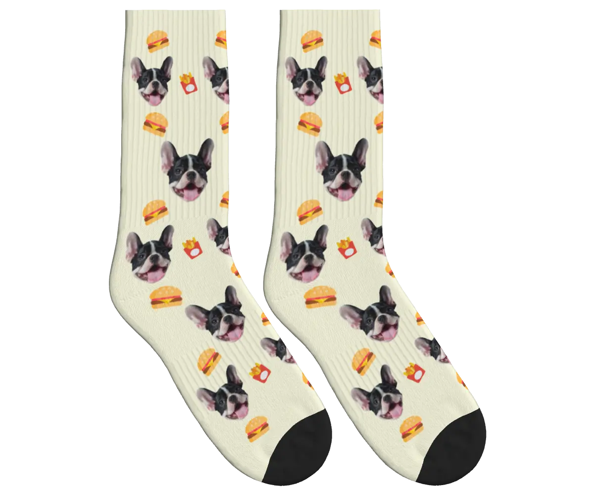 Burger, Fries & Dog Face Socks - Beige / Crew Socks