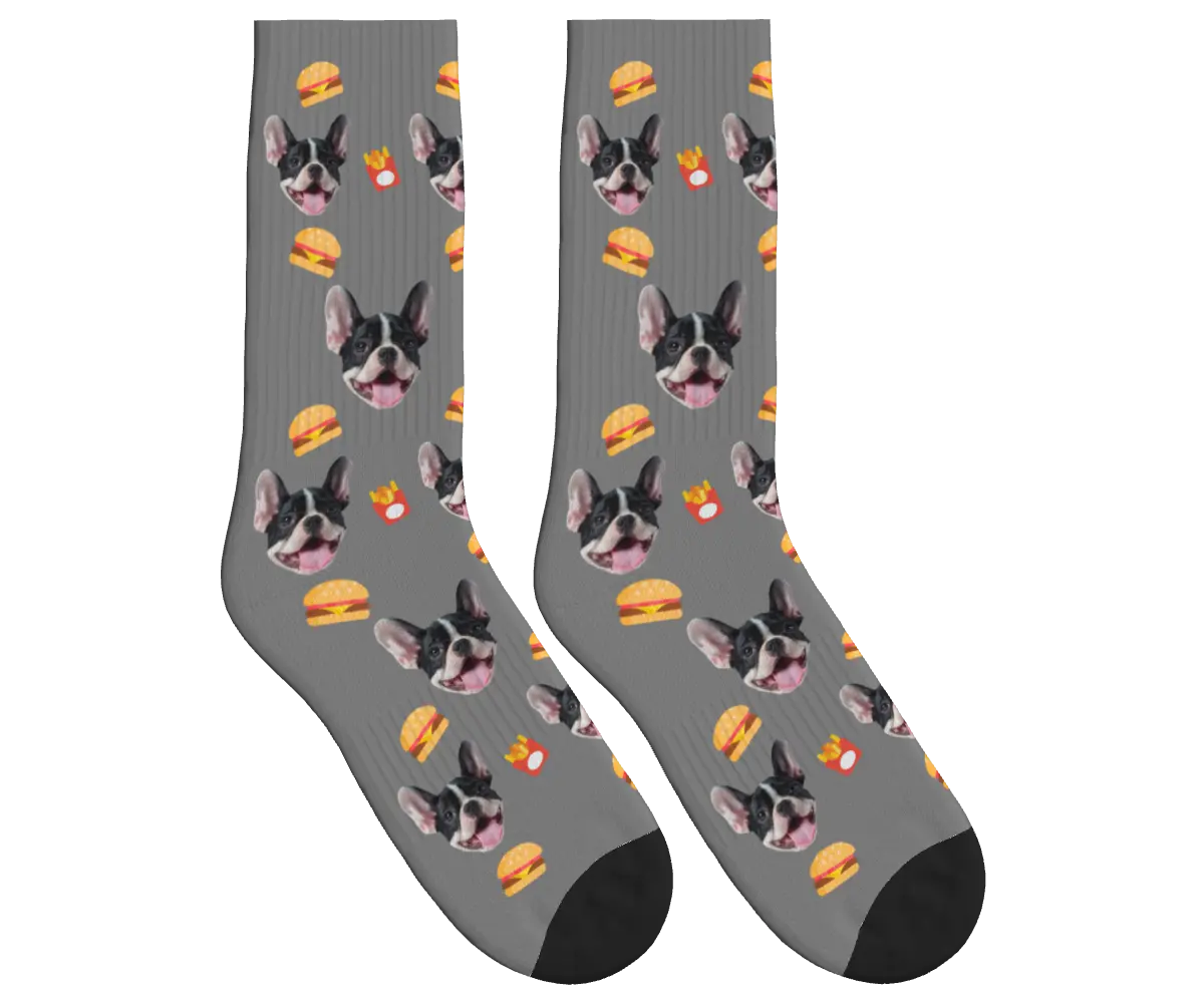 Burger, Fries & Dog Face Socks - Gray / Crew Socks