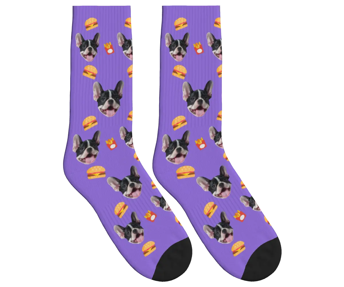 Burger, Fries & Dog Face Socks - Purple / Crew Socks