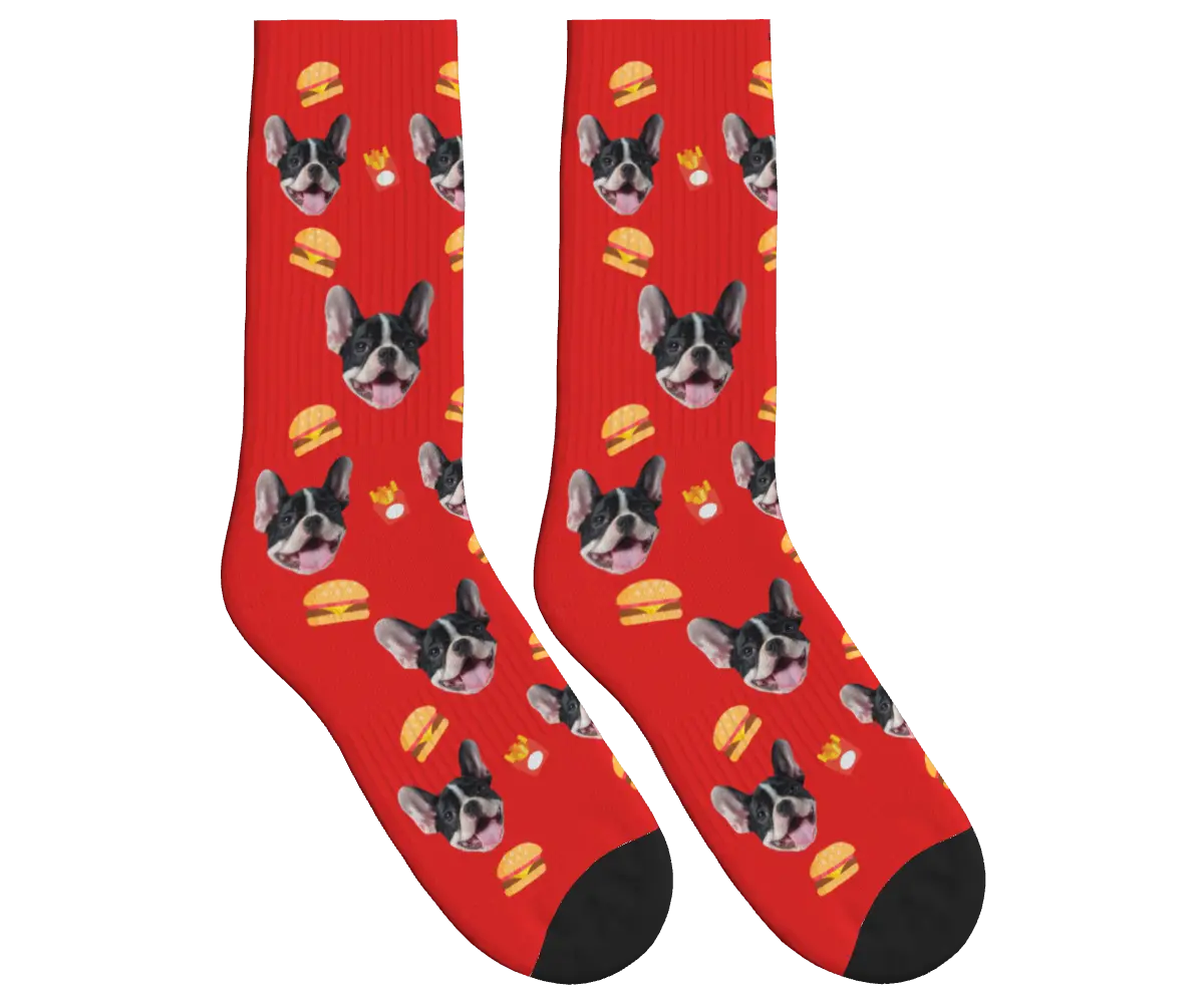Burger, Fries & Dog Face Socks - Red / Crew Socks