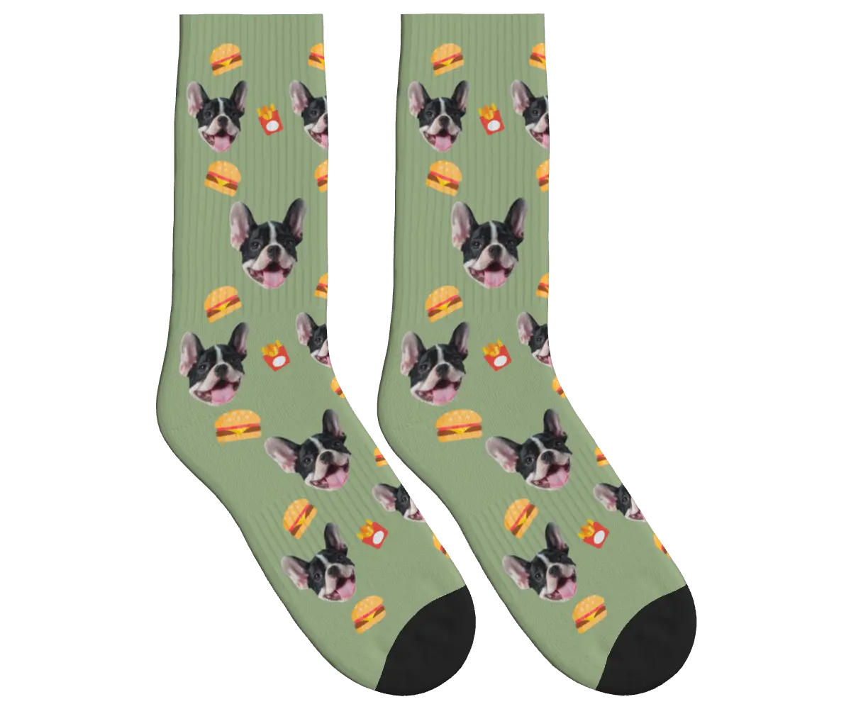 Burger, Fries & Dog Face Socks - Sage Green / Crew Socks