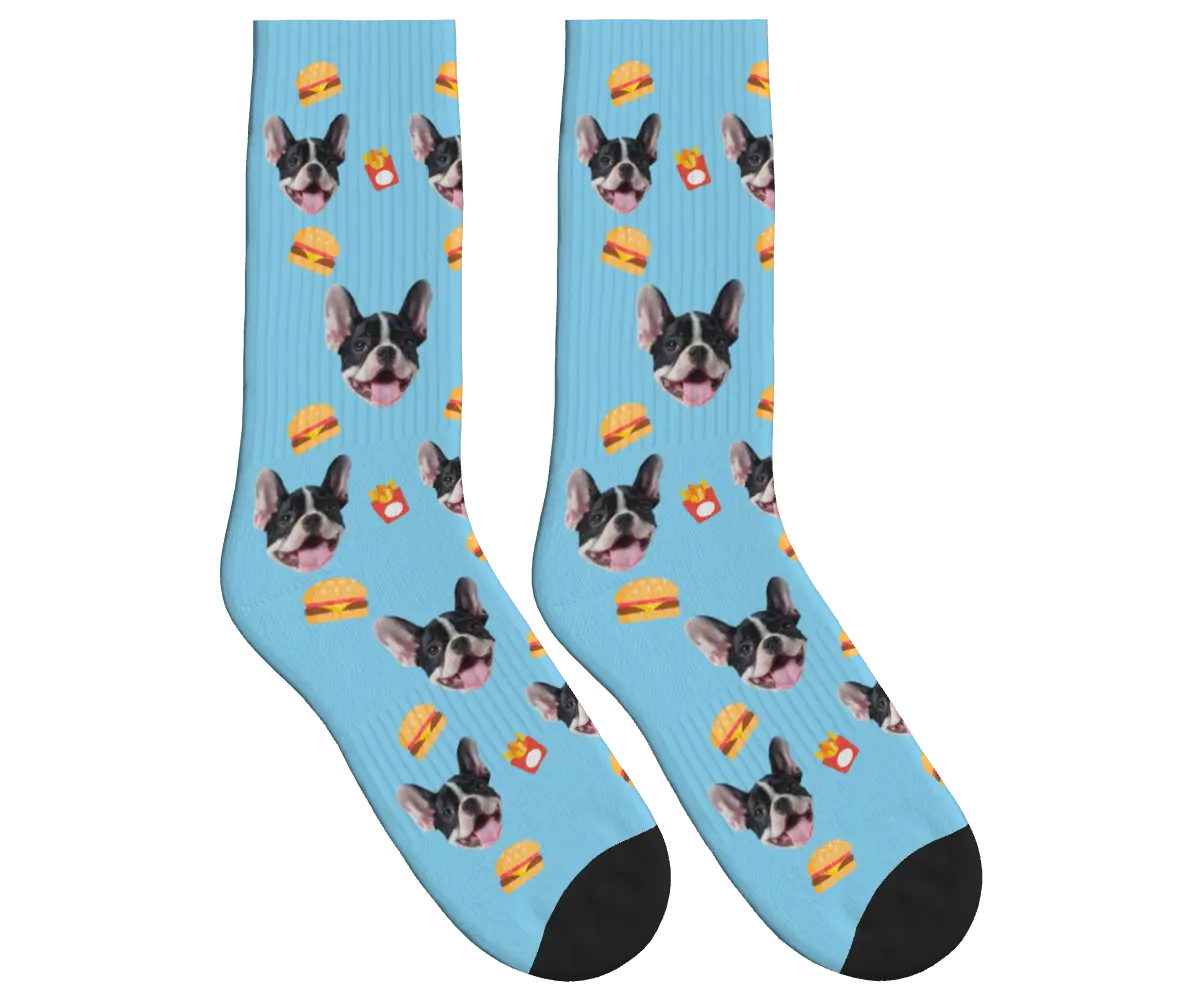 Burger, Fries & Dog Face Socks - Sky Blue / Crew Socks