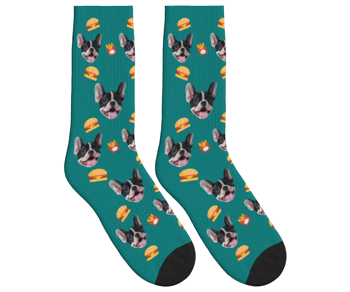 Burger, Fries & Dog Face Socks - Teal / Crew Socks