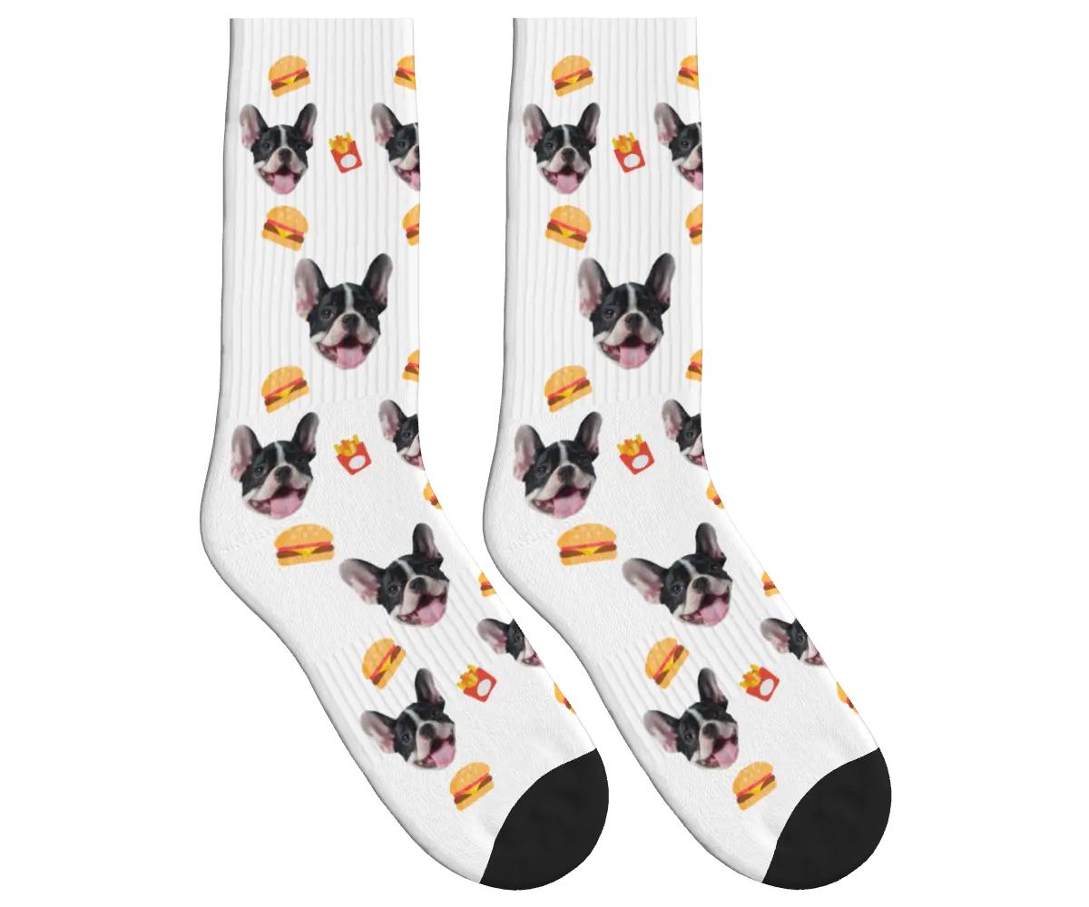 Burger, Fries & Dog Face Socks - White / Crew Socks