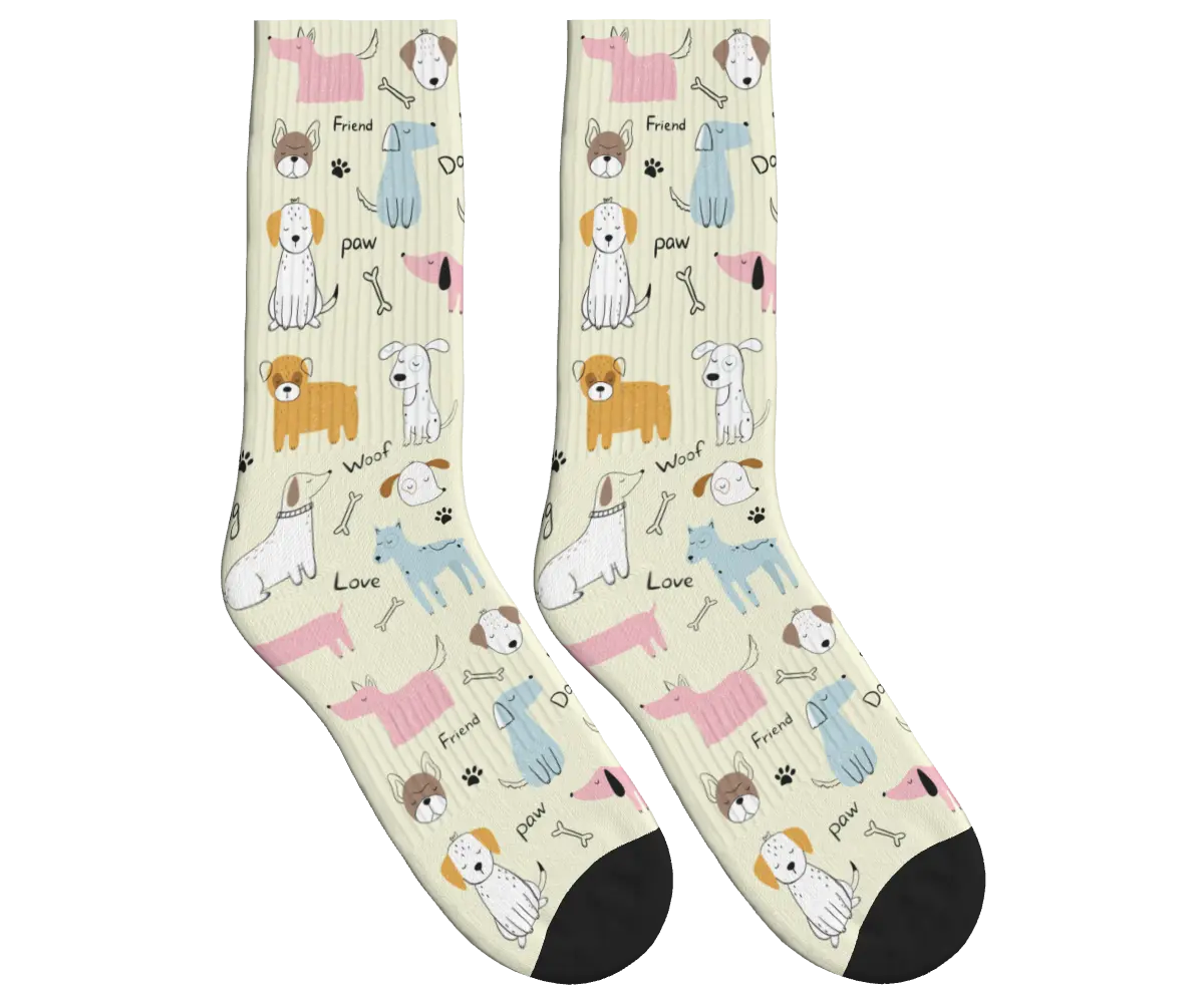 Cartoon Dogs, Bones & Words Socks - Beige / Crew Socks