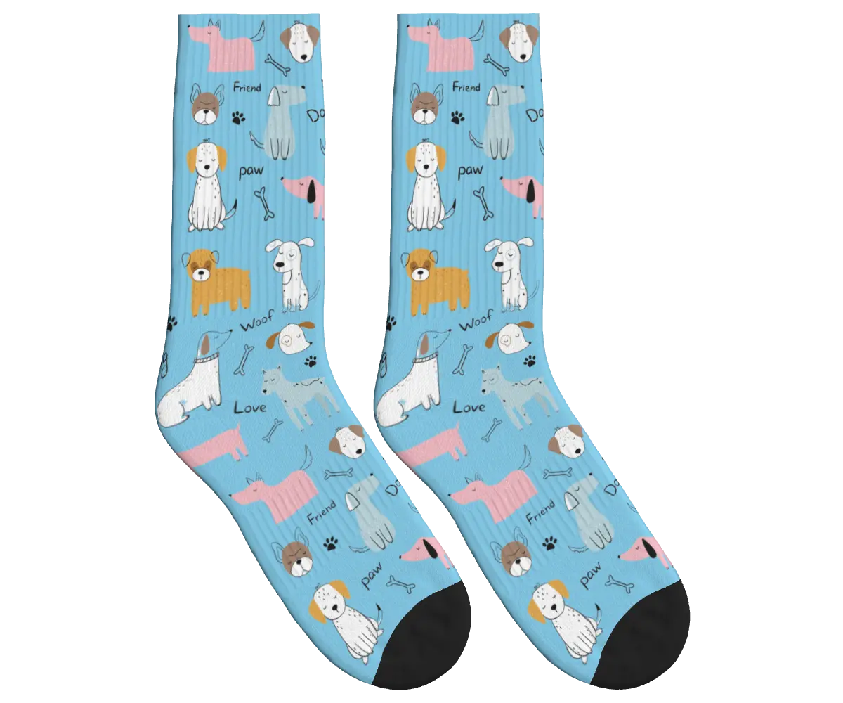 Cartoon Dogs, Bones & Words Socks - Sky Blue / Crew Socks