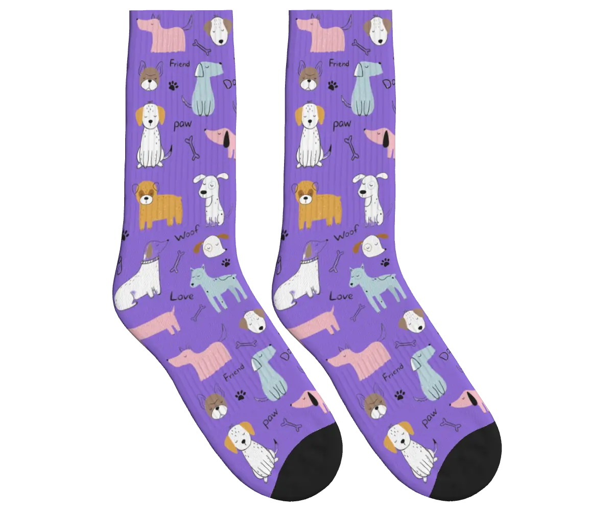 Cartoon Dogs, Bones & Words Socks - Purple / Crew Socks
