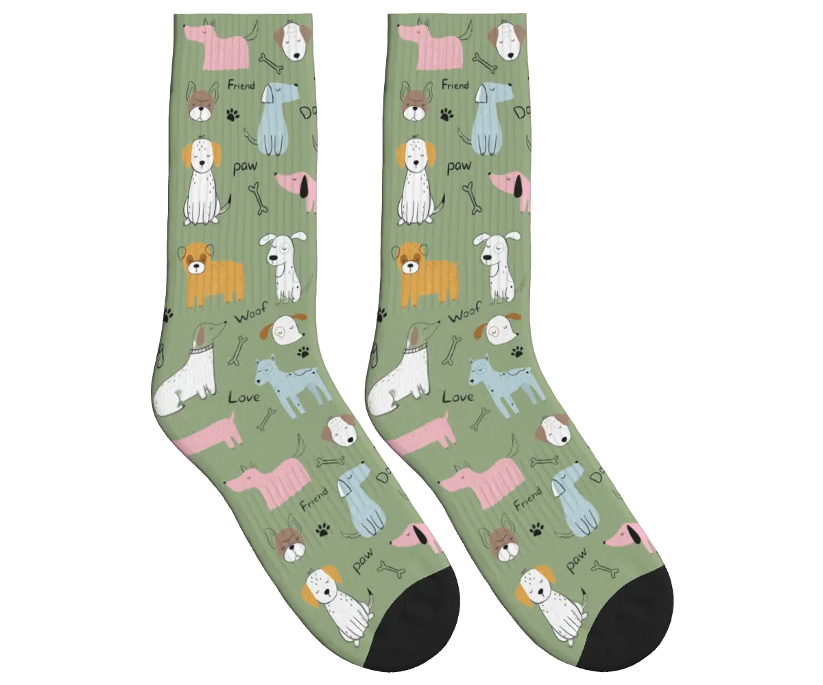 Cartoon Dogs, Bones & Words Socks - Sage Green / Crew Socks