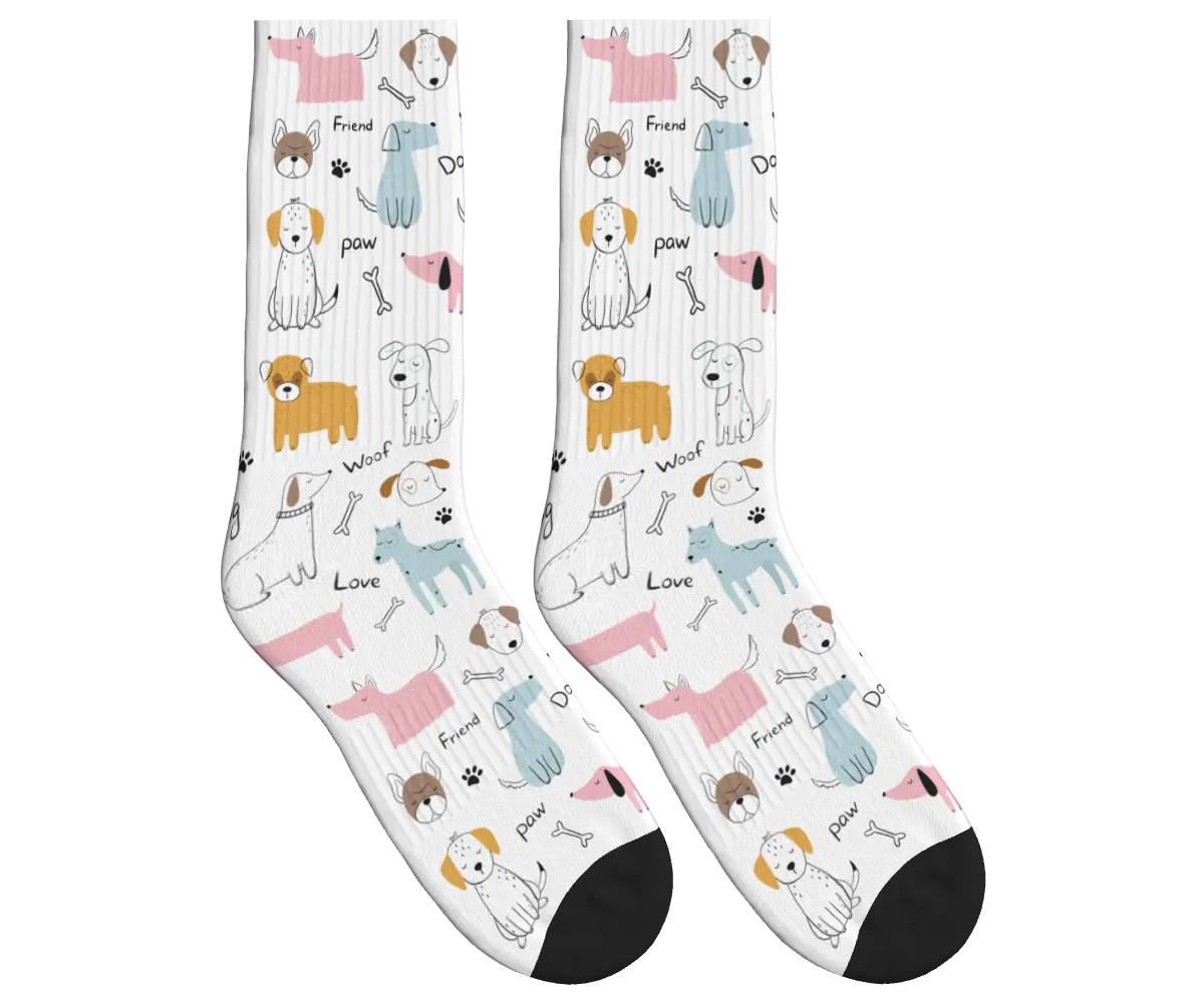 Cartoon Dogs, Bones & Words Socks - White / Crew Socks