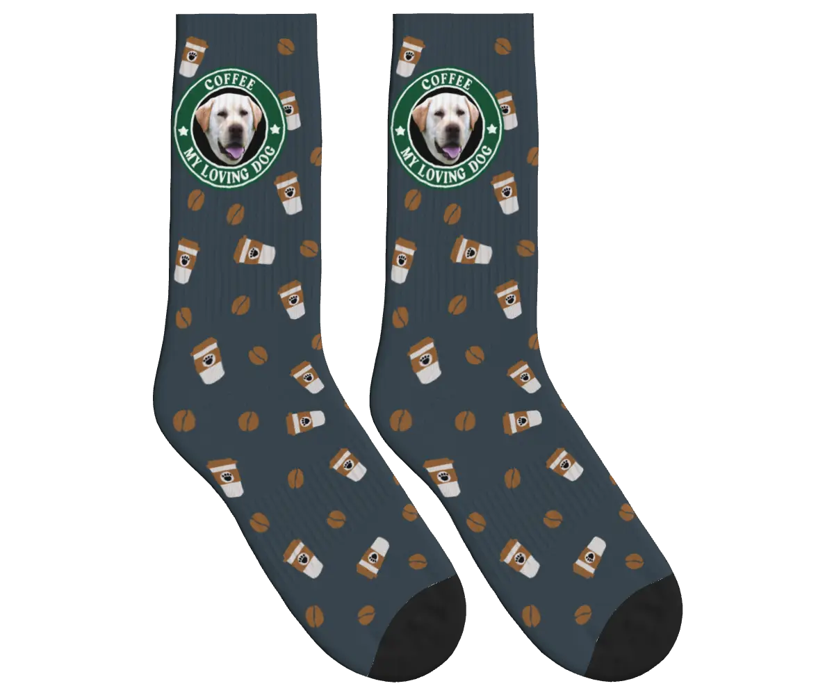 Coffee & Dog Face Pattern Socks - Charcoal Gray / Crew Socks