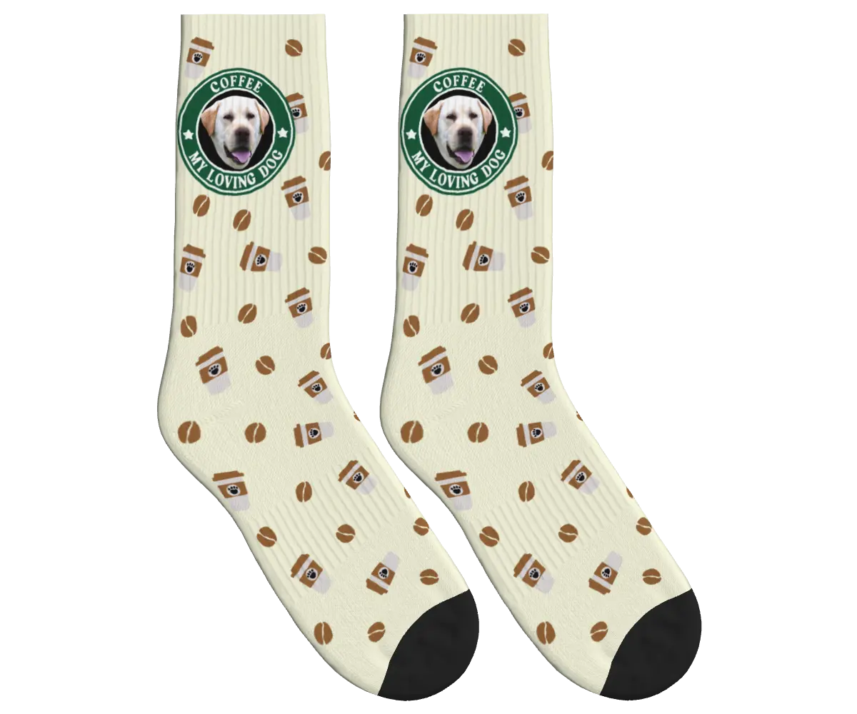 Coffee & Dog Face Pattern Socks - Beige / Crew Socks