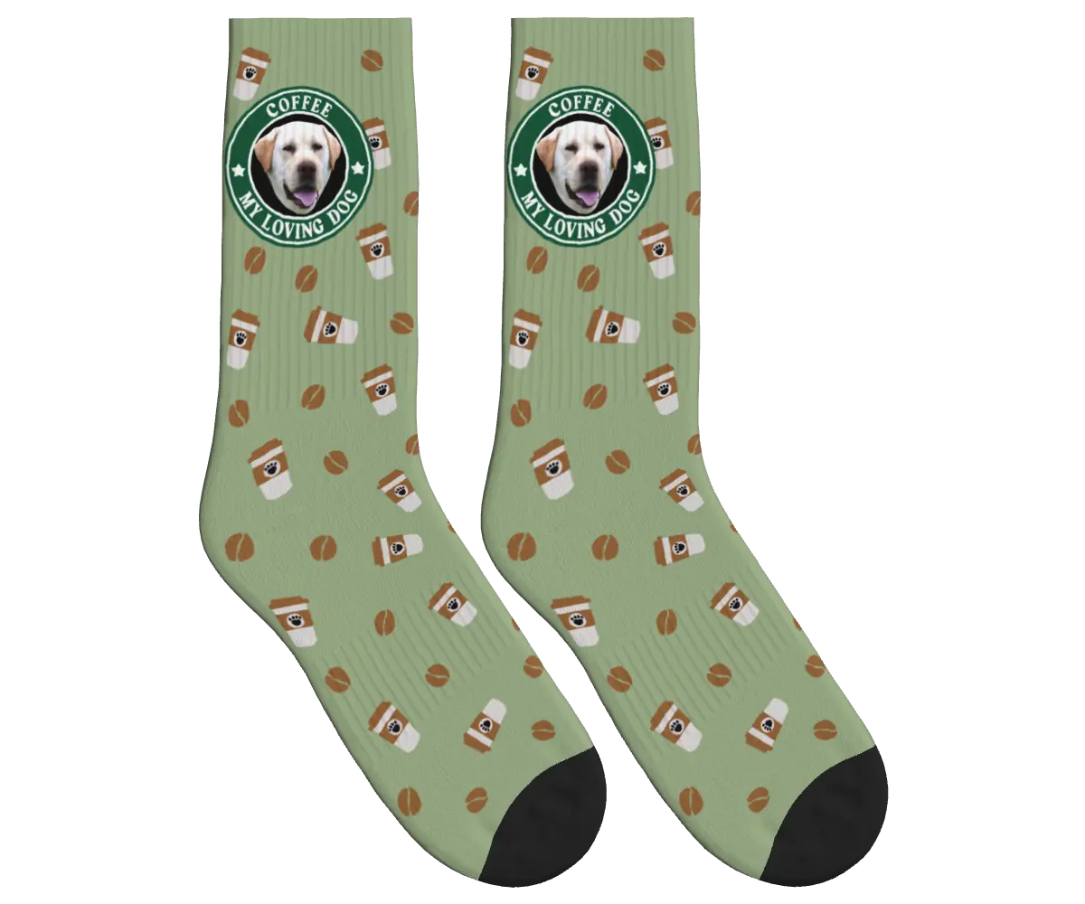 Coffee & Dog Face Pattern Socks - Sage Green / Crew Socks