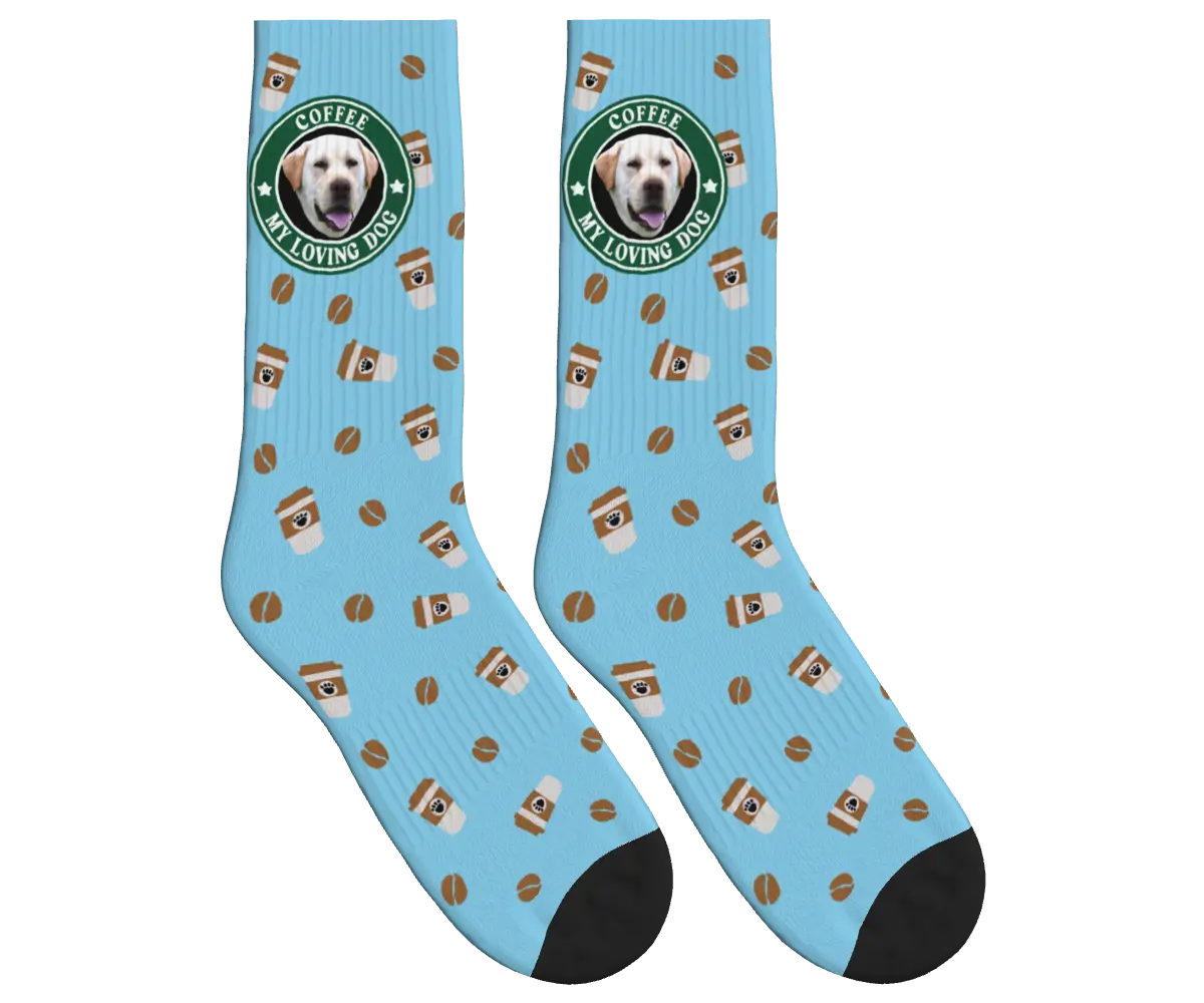 Coffee & Dog Face Pattern Socks - Sky Blue / Crew Socks