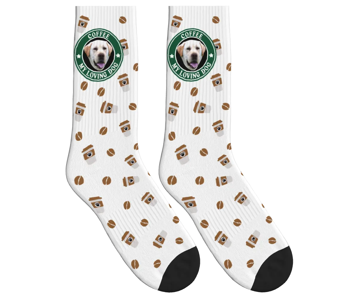 Coffee & Dog Face Pattern Socks - White / Crew Socks