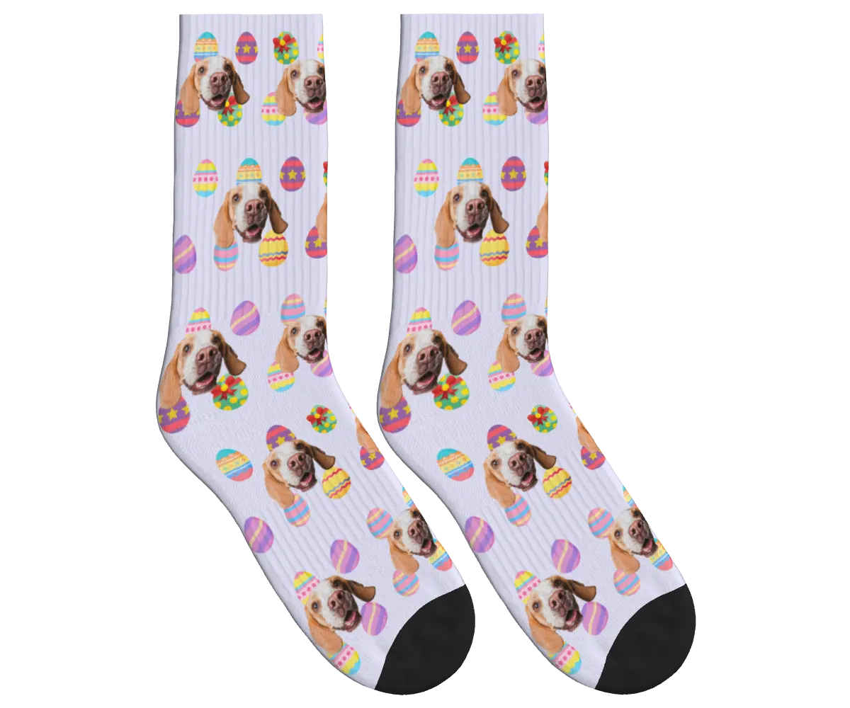Colorful Easter Eggs with Dog Faces Socks - Lavender / Crew Socks