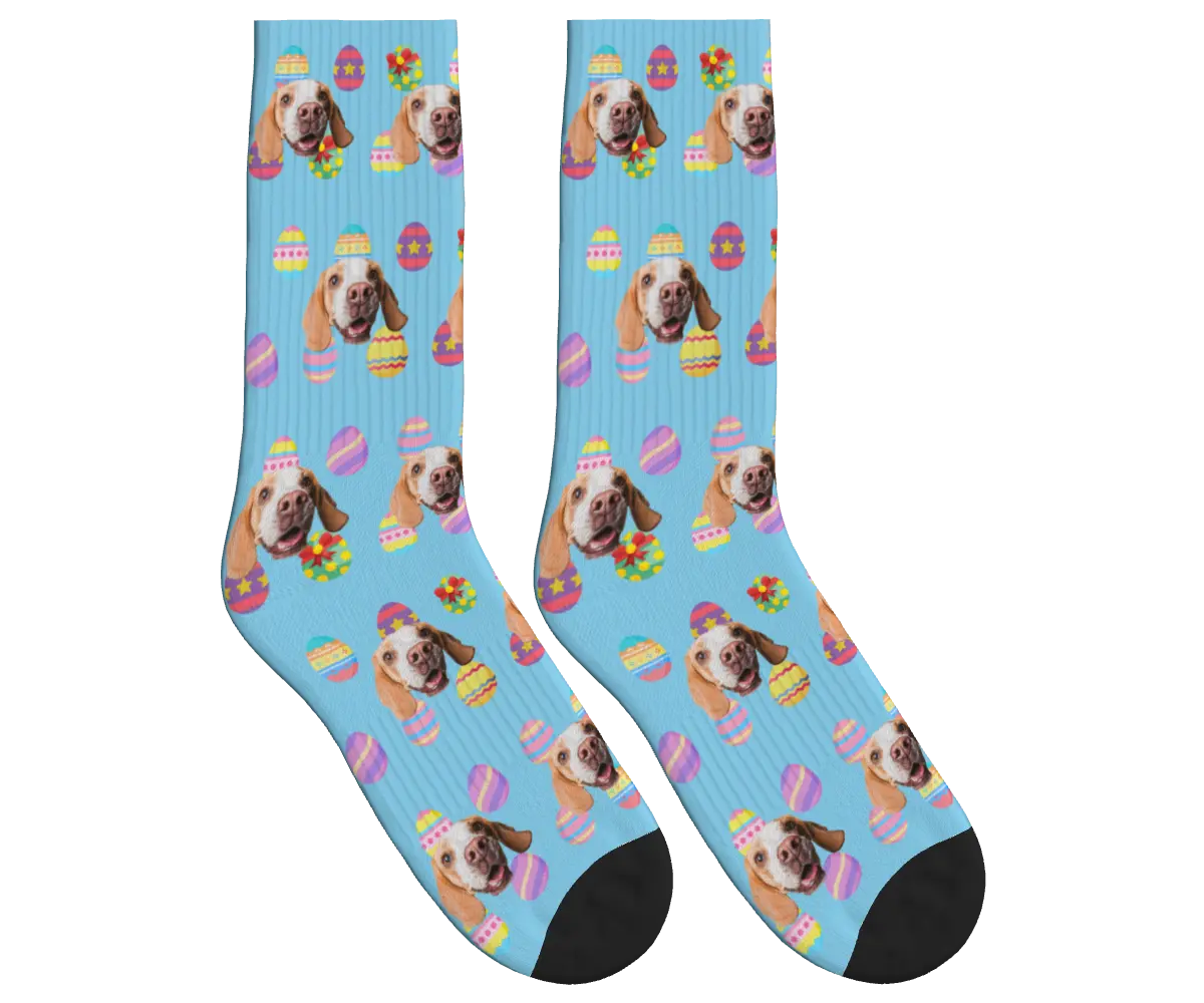 Colorful Easter Eggs with Dog Faces Socks - Sky Blue / Crew Socks