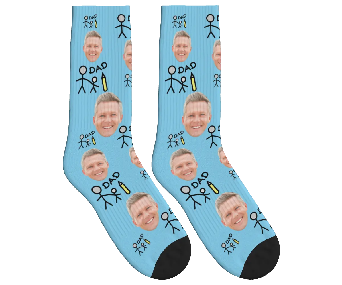 Dad & Kid Stick Figure Socks - Sky Blue / Crew Socks