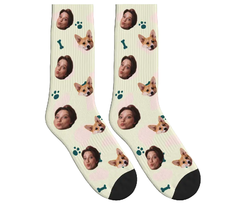 Dog & Owner Face Socks with Paws & Bones - Beige / Crew Socks