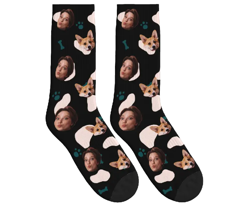 Dog & Owner Face Socks with Paws & Bones - Black / Crew Socks