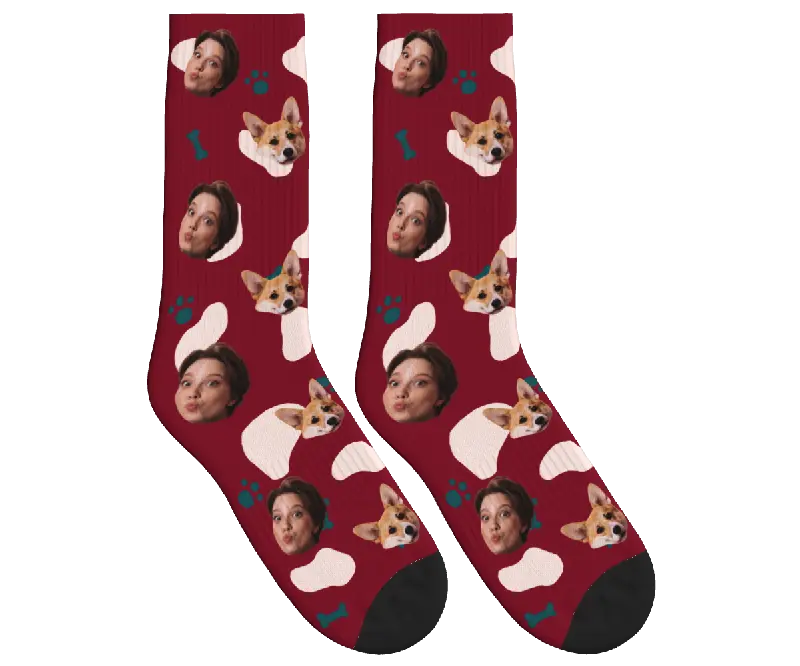 Dog & Owner Face Socks with Paws & Bones - Burgundy / Crew Socks