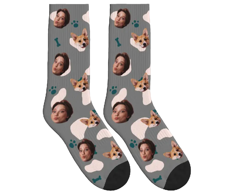 Dog & Owner Face Socks with Paws & Bones - Gray / Crew Socks