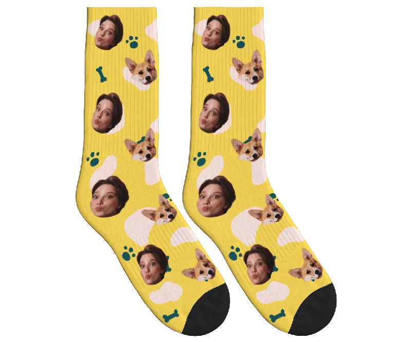 Dog & Owner Face Socks with Paws & Bones - Mustard Yellow / Crew Socks