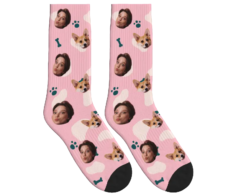Dog & Owner Face Socks with Paws & Bones - Pink / Crew Socks