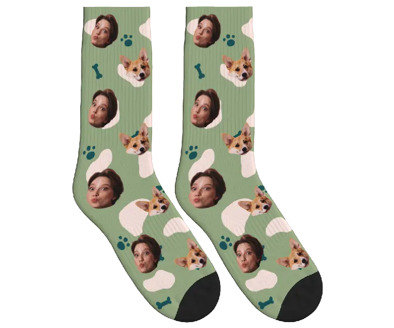 Dog & Owner Face Socks with Paws & Bones - Pink / Crew Socks
