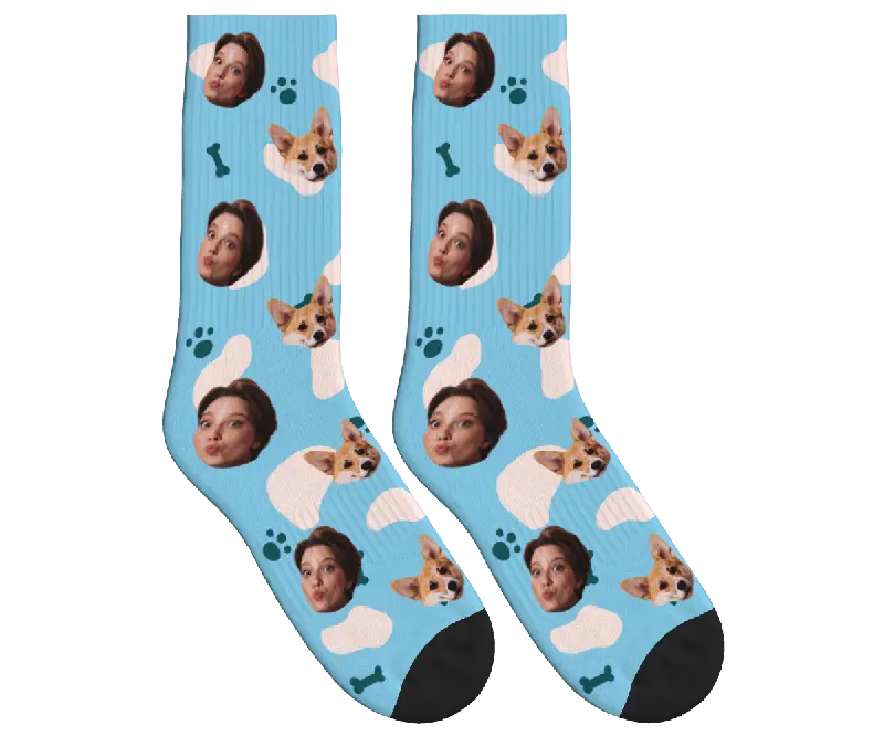 Dog & Owner Face Socks with Paws & Bones - Sky Blue / Crew Socks