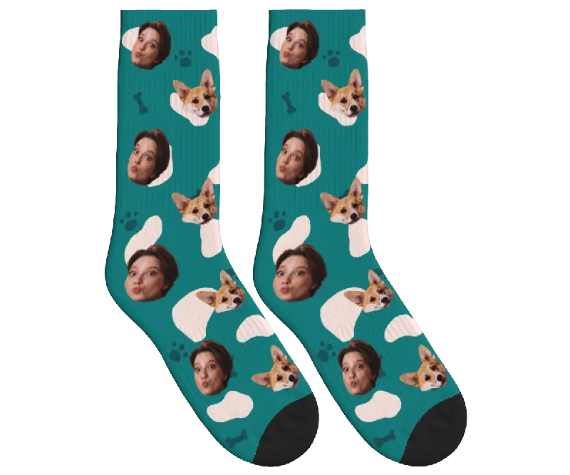 Dog & Owner Face Socks with Paws & Bones - Teal / Crew Socks