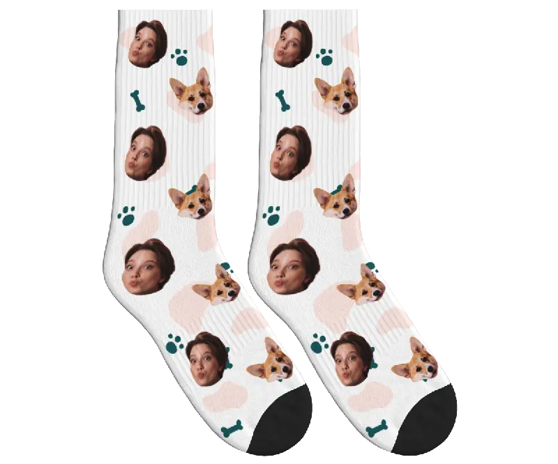 Dog & Owner Face Socks with Paws & Bones - White / Crew Socks