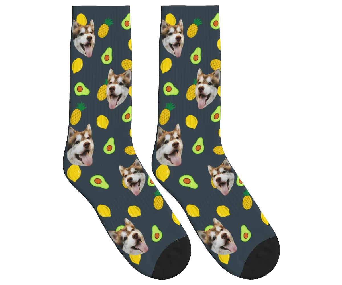 Dog Face Socks with Avocado, Pineapple & Lemon Prints - Teal / Crew Socks