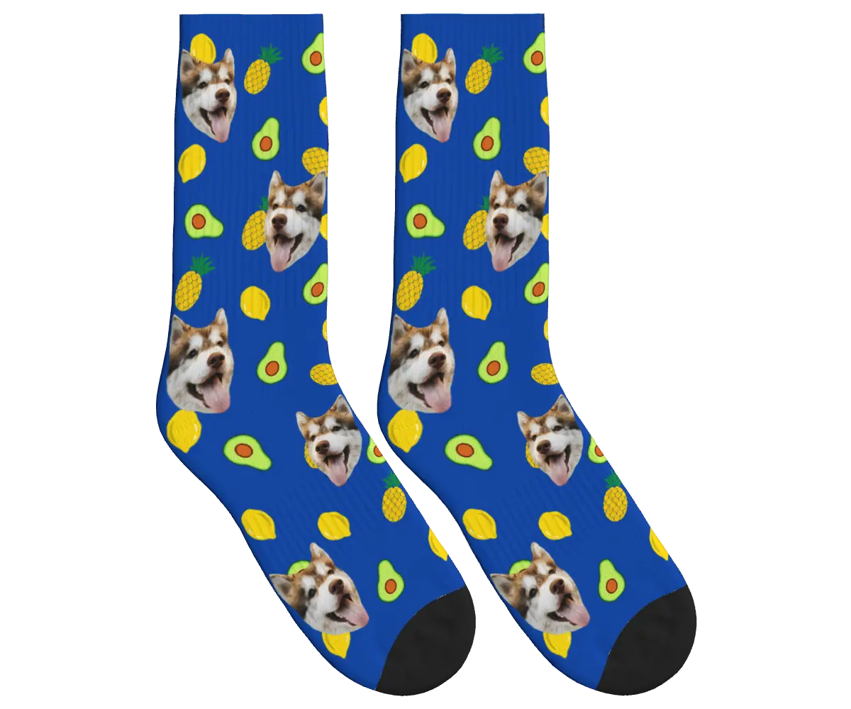 Dog Face Socks with Avocado, Pineapple & Lemon Prints - Cobalt Blue / Crew Socks