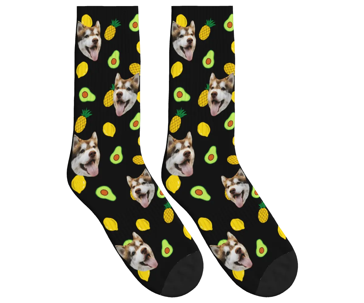 Dog Face Socks with Avocado, Pineapple & Lemon Prints - Black / Crew Socks