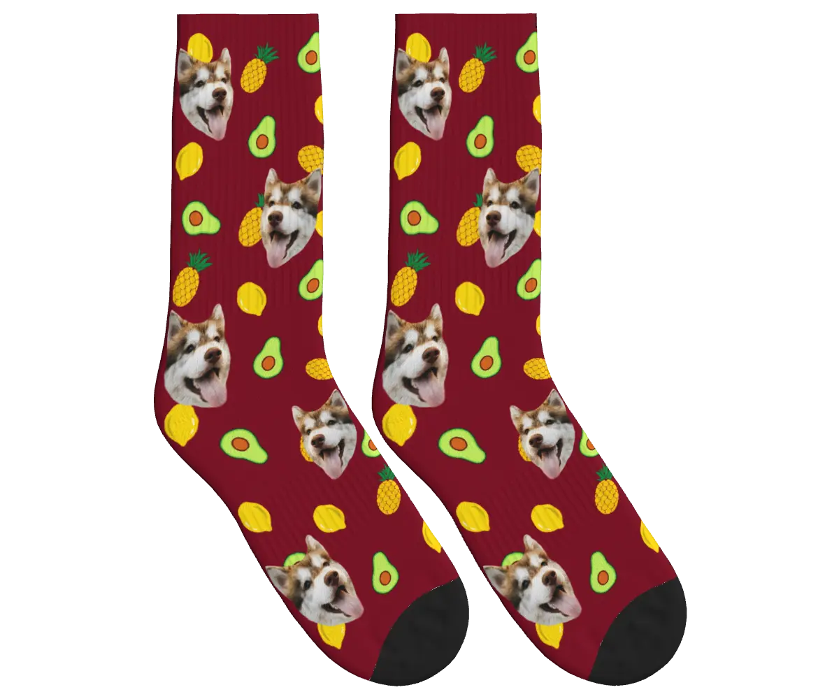 Dog Face Socks with Avocado, Pineapple & Lemon Prints - Burgundy / Crew Socks
